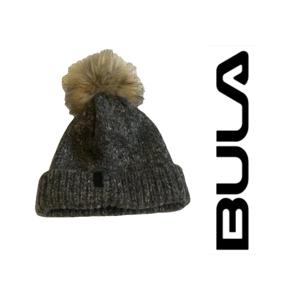 BULA Women's - Wool Blend - Beenie Pom Winter Hat One Size Gray Cable Knit Lined